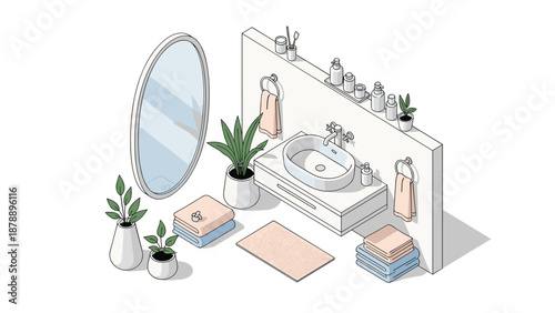 Elegant bathroom interior features a floating white vanity with a round sink, large oval mirror, towels, and potted plants.