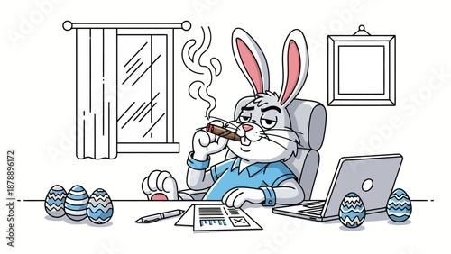 A cartoon rabbit smoking a cigar while sitting at a desk with a laptop and Easter eggs.