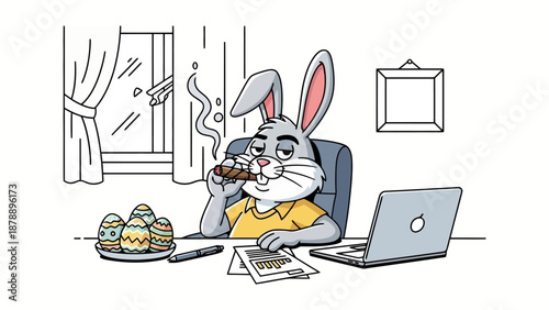 A cartoon rabbit wearing a yellow shirt sits at a desk, smoking a cigar and looking tired, with Easter eggs on a plate to his left and a laptop to his right.