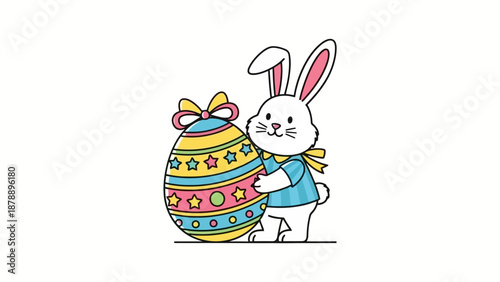 A cute cartoon Easter bunny holding a large, decorated Easter egg with a bow.