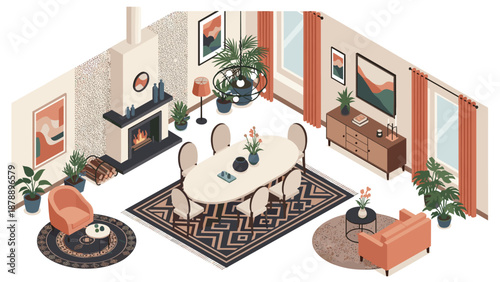 Spacious modern dining room interior with a large table and elegant fireplace decorated with various potted green plants.