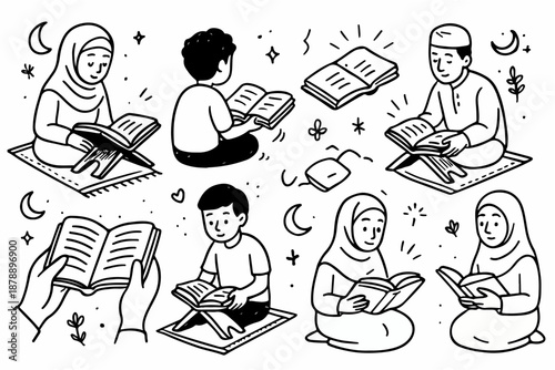 Hand-drawn doodle vector set of Quran reading icons in a fun, sketchy style, isolated on white background
