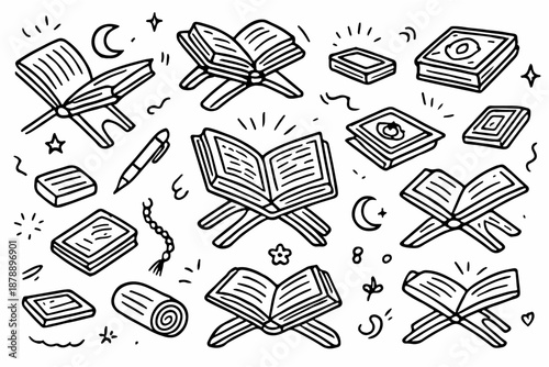 Hand-drawn doodle vector set of Quran stands Rehal and related elements, isolated on white background
