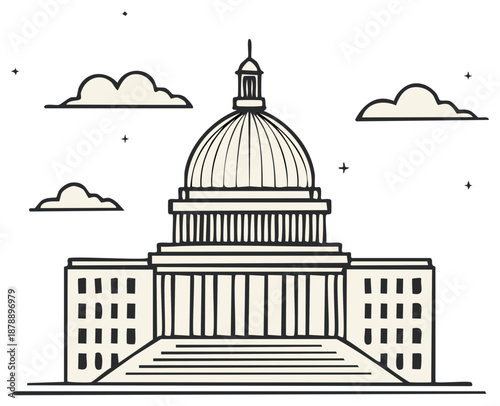 Minimalist Capitol Building Sketch with Clouds and Stars - Architectural Icon, Government Symbol, USA, Washington DC, Landmark
