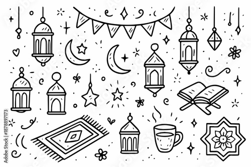 Hand-drawn doodle vector set of Ramadan decoration elements, created in a fun, sketchy ink-pen style, isolated on white background
