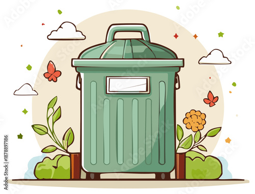 Illustration of a garden trash can with flowers and butterflies. Concept waste segregation and environmental care