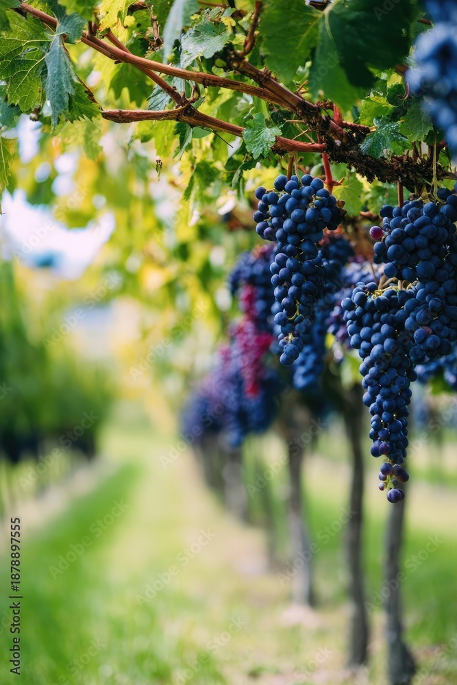 Obraz premium Rows of grapevines in a vineyard with hanging clusters of dark blue grapes. Concept Vineyard Rows, Grape Clusters, Rustic Landscape, Outdoor Photography, Deep Blue Grapes