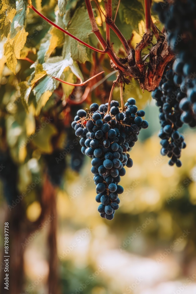 Fototapeta premium A cluster of dark blue grapes hanging from a vine in a vineyard. Concept Grapes on a vine, Vineyard scenery, Dark blue grapes, Fruit cluster photography, Agricultural landscape