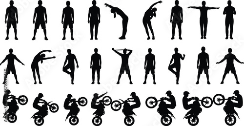 Vector Silhouettes of People Stretching and Performing Motorcycle Stunts, Active Lifestyle Activities