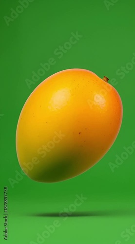 Fresh ripe mango dropping slowly, vibrant color, clean green screen, smooth animation