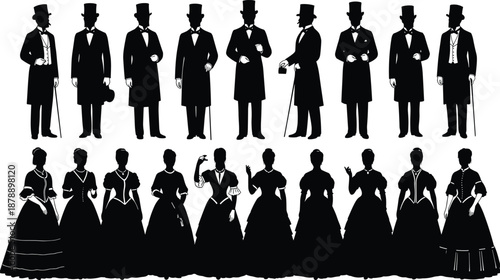Victorian era silhouettes of elegant men in top hats and women in vintage dresses, retro 19th century fashion collection, antique style vector illustration.