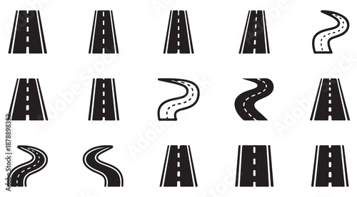 Minimalist black road and highway icons for infrastructure