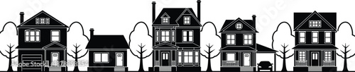 Residential house silhouettes street set, suburban family homes with trees and garage, black vector illustration collection for real estate urban design