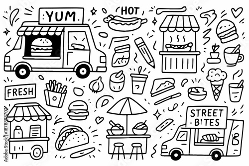 Hand-drawn doodle vector set of street food and food truck vibes, isolated on white background
