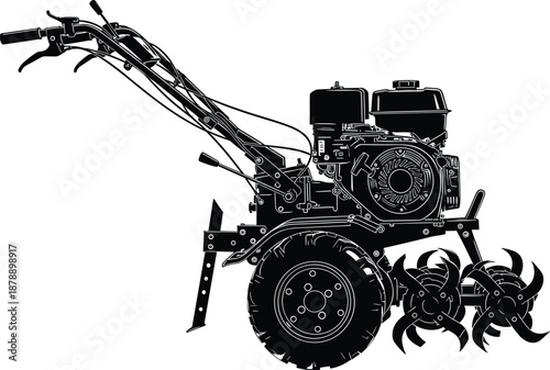 Walk behind power tiller silhouette, agricultural cultivator machine with engine and blades, black vector illustration for farming equipment design