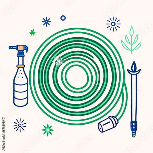 Garden hose and tools illustration