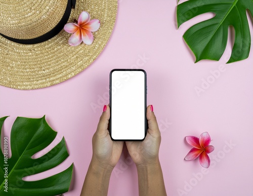 Wallpaper Mural Romantic and Feminine Mobile Mockup; Blank Smartphone in Female Hand on Light Pink Background Torontodigital.ca