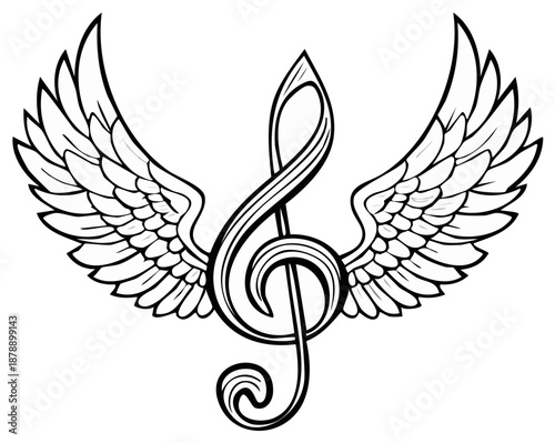 Treble Clef with Angel Wings Symbolizing Music and Freedom in Graphic Illustration