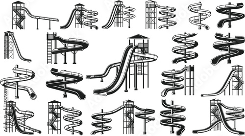 Water park slide silhouette collection, spiral and straight aqua slides vector illustration set, amusement playground attractions, summer recreation design, black line style