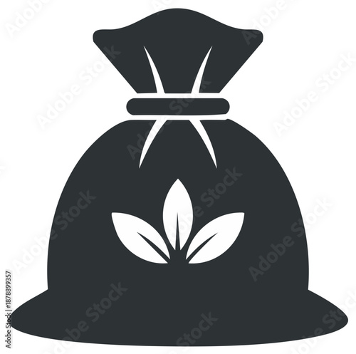 Organic fertilizer or compost bag icon with leaf symbol for farming and gardening