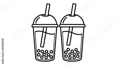 Two bubble tea drinks with straws a simple black and white sketch