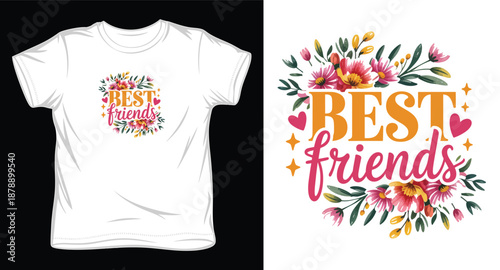 Best friends t-shirt design with colorful floral elements and decorative text
