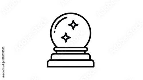 Simple black and white line drawing of a crystal ball with stars