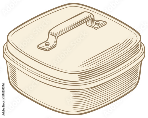 Isolated beige tin lunchbox with handle antique style packaging metal storage illustration icon symbol simple design
