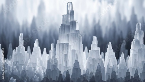 3D vector illustration of a Manhattan skyscraper skyline silhouette and urban architecture under a thick fog over the city river at night