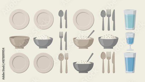 Tableware Setting with Dishes and Utensils.