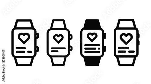 Four smartwatches displaying a heart rate monitor icon in varying shades