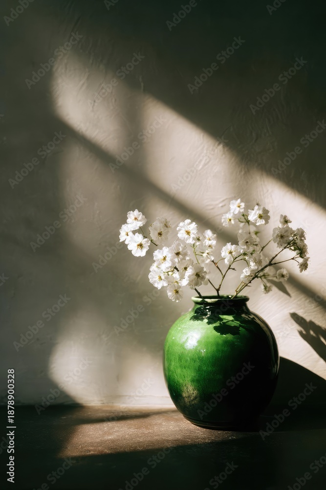 Obraz premium Green ceramic vase with white flowers on a wooden surface, bathed in soft sunlight. Concept Green ceramic vase, white flowers, wooden surface, soft sunlight, still life photography