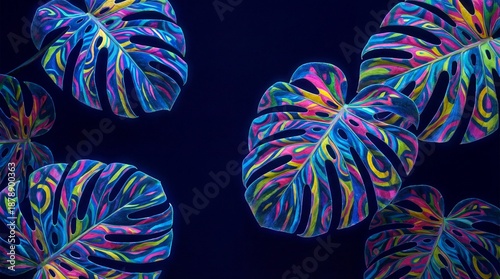 Colorful Neon Tropical Leaves on Dark Background Creating a Vibrant and Artistic Atmosphere