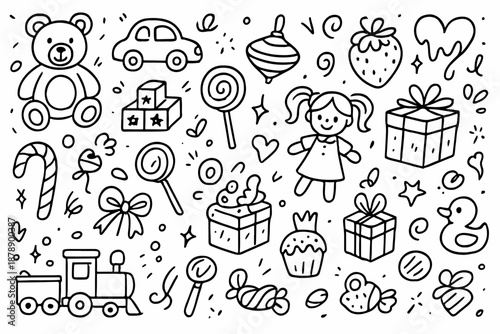 Hand-drawn doodle vector set of toys, candies and sweets, created in a fun, sketchy ink-pen style, isolated on white background
