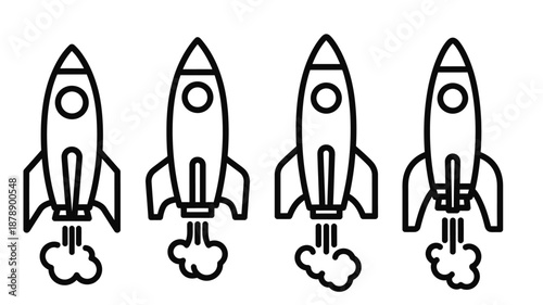 Four simple black and white line drawing illustrations of rockets launching