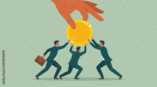 Businessmen supporting a large gold coin from a giant hand illustration