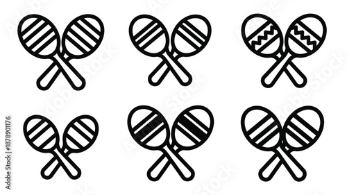 Simple black and white line art illustration of several maracas