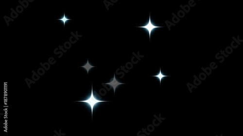 Glowing sparkle star animation, white twinkling glitter shine, fairy dust magic glow trail, cartoon doodle stars pop burst overlay, transparent background and black screen, 4k