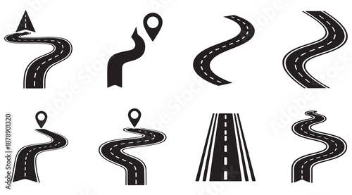 Winding road icons with map pins for navigation and travel