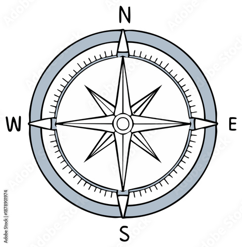 Illustration of a Hand-Drawn Compass Rose Showing Cardinal Directions, Navigation Tool, Guidance Aid