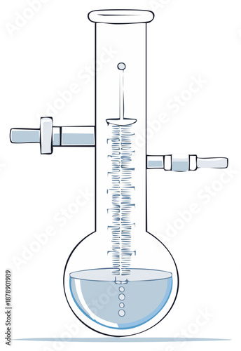 Chemistry experiment volumetric flask with blue liquid and measuring instrument illustration