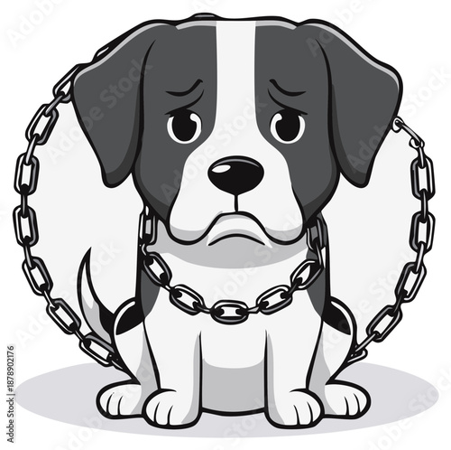 Sad cartoon puppy dog chained, sitting down, looking forlorn