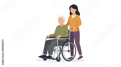 Caregiver assisting an elderly man in a wheelchair, senior care illustration