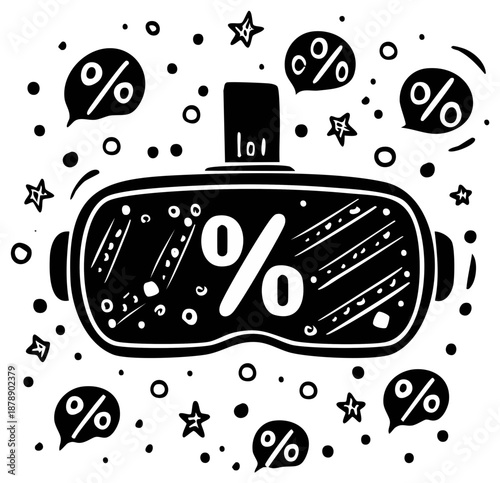 VR headset with percent symbols suggesting virtual reality sale promotions and special offers in sketched cartoon style
