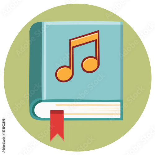A blue book with musical notes and a red bookmark symbolizing music education or study