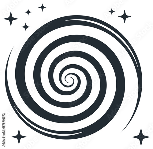 Dark Spiral Swirl with Sparkling Stars Shape, Black and White Vortex Optical Illusion