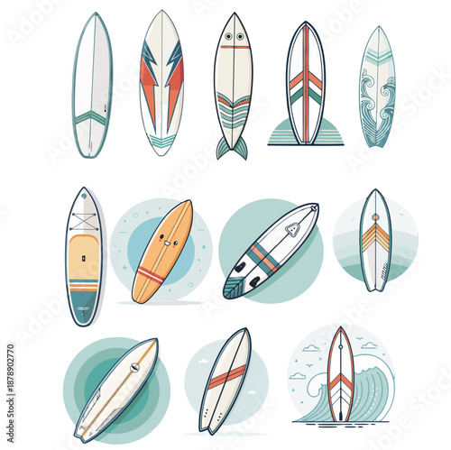 Surf Board Art Design Vector Icon Sheet Transparent Background 