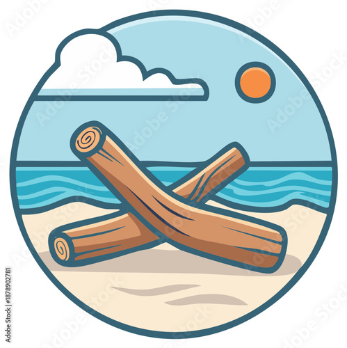 Beach scene with wooden lounge chairs, ocean, sun and cloud illustration