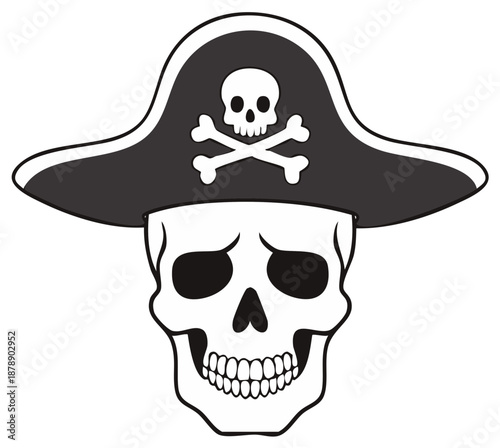 Pirate Symbol with Skull and Bones Wearing a Hat on white background
