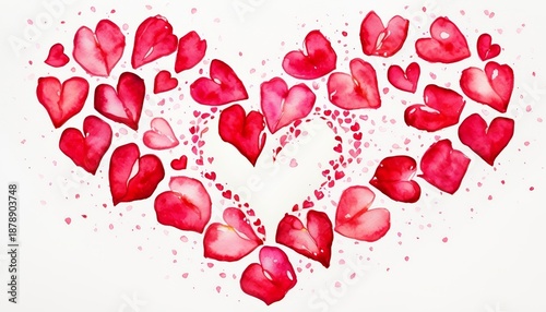 Watercolor rose petals arranged into subtle heart shape, soft bleeding edges